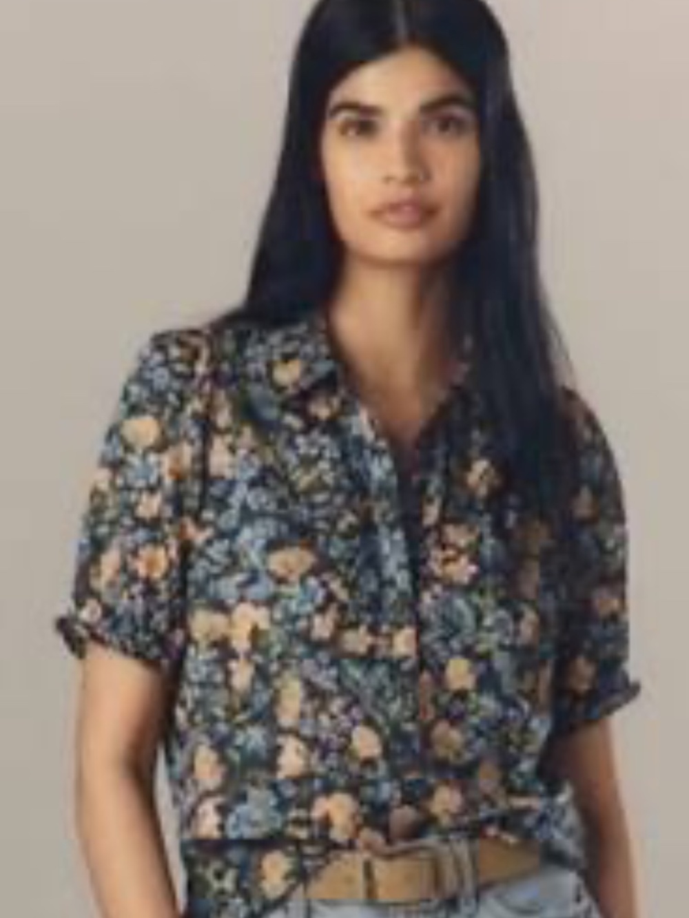 Pilcro The Aly Puff-Sleeve Blouse, Blue Floral, Size XL
